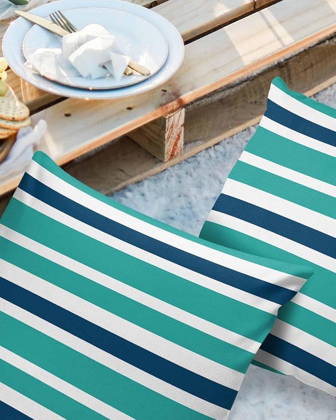 Outdoor Waterproof Throw Pillow Covers Set of 2 Navy Blue Turquoise Stripes Decorative Outdoor Pillows Cushion Case 26x26 Inch Teal Striped Patio Pillows for Couch Sofa Bed Garden Office Home Decor