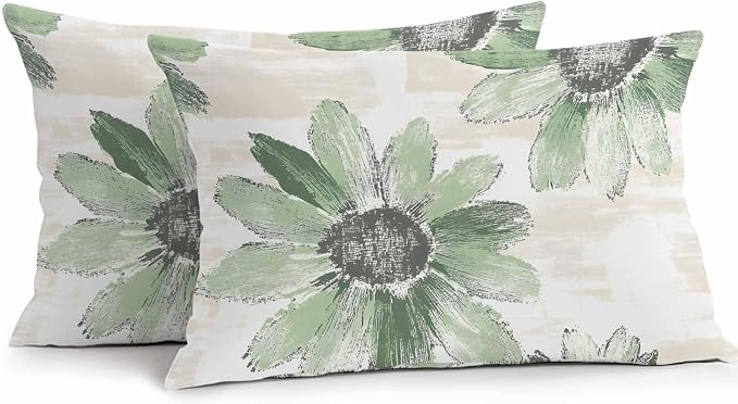 Vandarllin Outdoor Throw Pillows Covers 20x12 inch Set of 2 Waterproof Green Sunflower Decorative Zippered Cushion Covers for Patio Furniture, Floral Field Lumbar Pillowcases