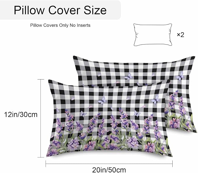 Vandarllin Outdoor Throw Pillows Covers 20x12 inch Set of 2 Waterproof Purple Lavender Flower Decorative Zippered Cushion Covers for Patio Furniture, Butterfly Black Buffalo Plaid Lumbar Pillowcases