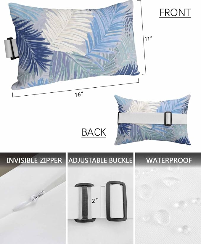 Outdoor Pillows Waterproof Covers Set of 2, Royal Blue Palm Leaves Adjustable Elastic Chaise Lounge Head Resting Pillows, Tropical Leaf Plant Lumbar Pillow for Pool Beach Patio Furniture 11x16 Inch