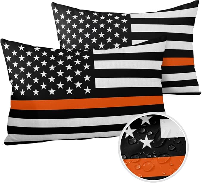 Prime Leader Outdoor Waterproof Pillow Covers Set of 2, Thin Orange Line Flag Search Rescue Officer Patio Throw Pillow Covers, Decorative Cushion Case for Couch Sofa Furniture Garden, 20x12 Inch