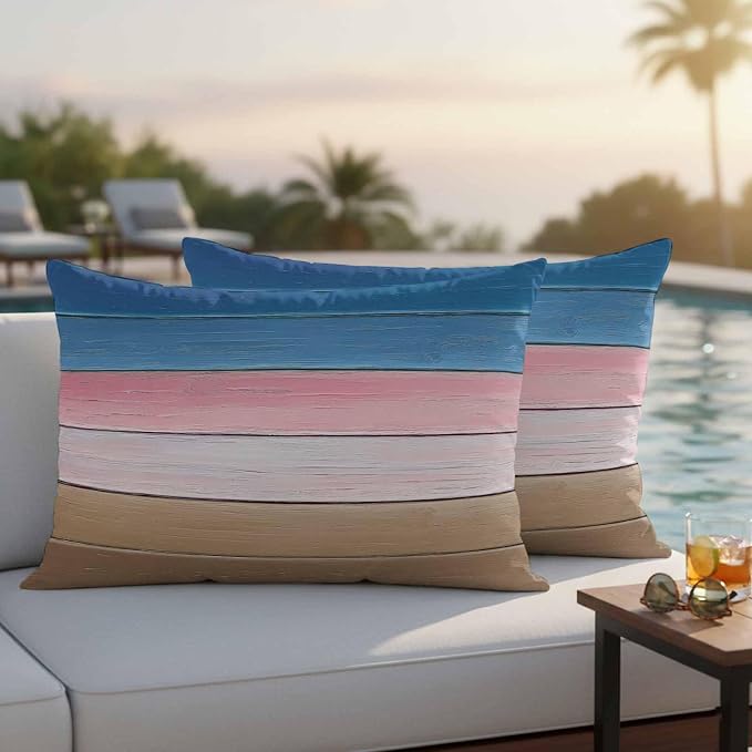 Outdoor Waterproof Pillow Covers for Patio Blue Pink Wood Grain Decorative Throw Pillow Cover Brown Ombre Wooden Pillowcases Set of 2 Cushion Case for Sofa Couch Chair 12x20 Inch