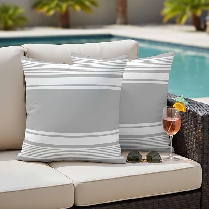 Vandarllin Outdoor Throw Pillows Covers 24x24 inch Set of 2 Waterproof Grey Stripes Decorative Zippered Cushion Covers for Patio Furniture, Striped Lines Lumbar Pillowcases