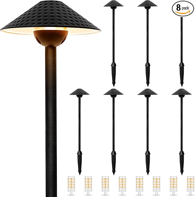 Low Voltage Pathway Lights (6.69'' Shade, 21.54'' Tall) 12V Outdoor LED Landscape Pathway Lighting Aluminum Vintage Hammered Path Lights with 4W 2700K Replaceable Bulb, 8 Pack