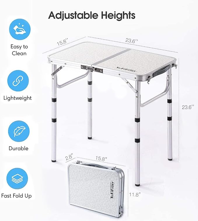 YUFIFAIRY Small Folding Table Portable, 24''L x16''W Foldable Camp Table with 3 Adjustable Height, Indoor Outdoor Lightweight Aluminum for Outdoor Cooking Picnic, (3 Heights)