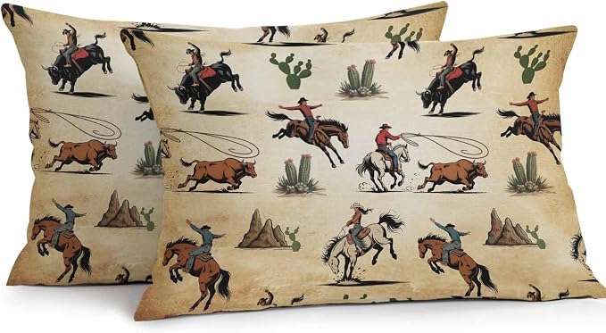 Western Cowboys Outdoor Pillow Covers Waterproof, All Weather Cushion Case Set of 2, Brown Vintage Country Cactus Lumbar Pillowcase for Sofa Couch Bed Decor Patio Furniture 20"x12"