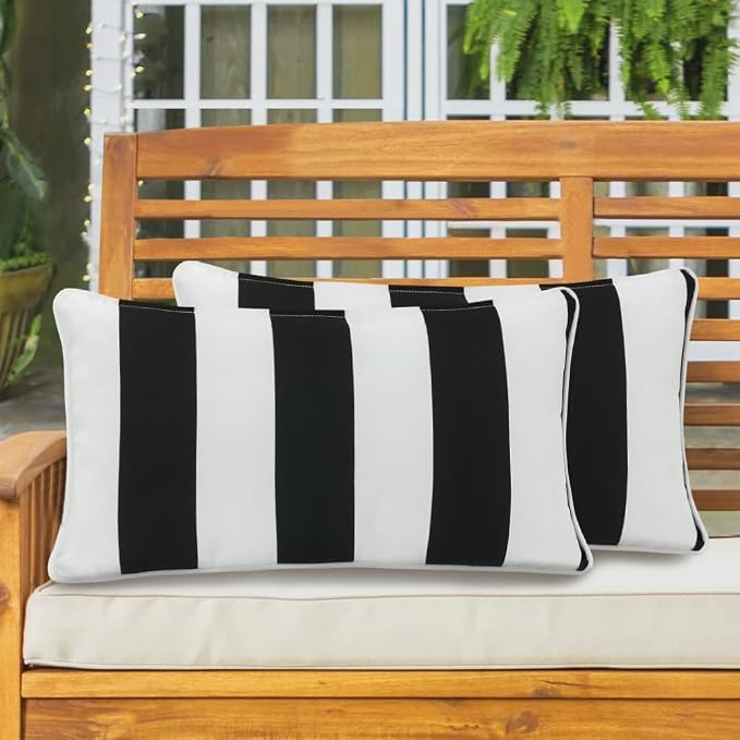 Lumbar Pillow Covers Set of 2, Outdoor Indoor Waterproof Patio Lumbar Pillowcase Shell 12x20 Inch, Rectangular Cushion Case for Couch Sofa Garden Farmhouse-Black White Stripe