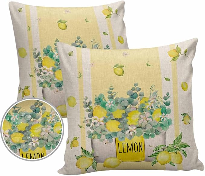 Eucalyptus Leaves Outdoor Pillow Covers Pack of 2, Yellow Stripes Vase Lemon Waterproof Pillow Covers Seasonal Spring Summer Throw Pillowcase for Patio Funiture Garden Tent, 18 x 18 inch