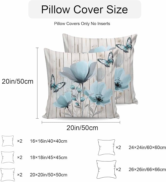 Blue Tulip Waterproof Outdoor Pillow Covers Set of 2 Home Decor, Country Spring Butterfly Floral Wooden Grain Pillowcase Patio Pillow Covers for Couch Bench Furniture Garden 24x24in