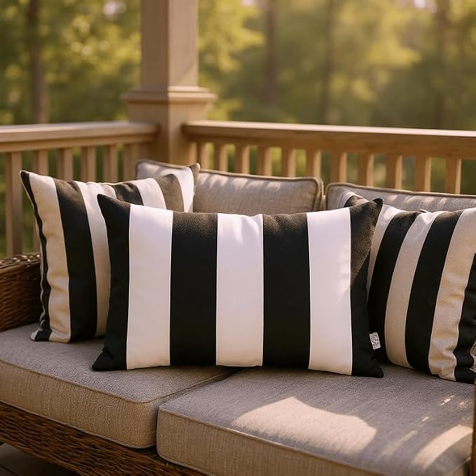 Set of 4 Indoor/Outdoor Decorative Lumbar/Rectangle Pillows - 2 Black & White Stripe and 2 Solid Kiwi Green