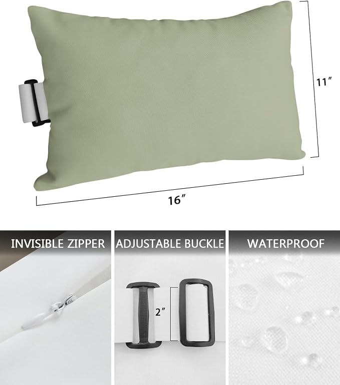 DecorLovee Sage Green Outdoor Recliner Pillows for Head, Modern Sage Green Waterproof Chair Pillow with Elastic Stripe, Farmhouse Chaise Lounge Headrest Pillow for Patio/Beach/Pool 1Pack, 11"x16"