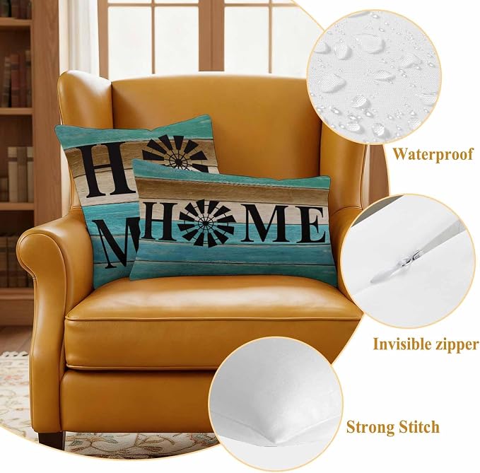 Outdoor Pillow Covers Set of 2, Home Farm Retro Wood Board Decorative Throw Pillow Covers 16X16IN, Teal Gradient Wooden Throw Pillows Protector Cushion Case for Patio,Couch,Sofa,Garden