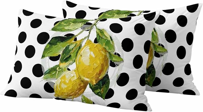 Waterproof Pillow Covers Set of 2,Summer Lemon Polka Dot Outdoor Pillow Protectors with Zipper Pillowcases for Patio Tent Garden Beach 20x12 Inches Country Fruit Oil Painting Style