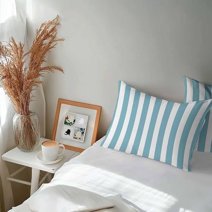 Aqua Striped Outdoor Waterproof Throw Pillow Covers 20x12 Set of 2, Modern Farmhouse Blue White Stripes Decorative Pillowcases Cushion Pillowcase for Couch Sofa Patio Outside Pillow Protector