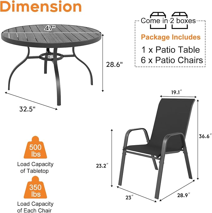 Outdoor Patio Dining Set for 6, 7 Pieces Patio Table and Chairs Set with Umbrella Hole, 47"x 47" Round Metal Wood-Grain Dining Table Set with 6 Stackable Patio Chairs for Deck , Backyard, Porch