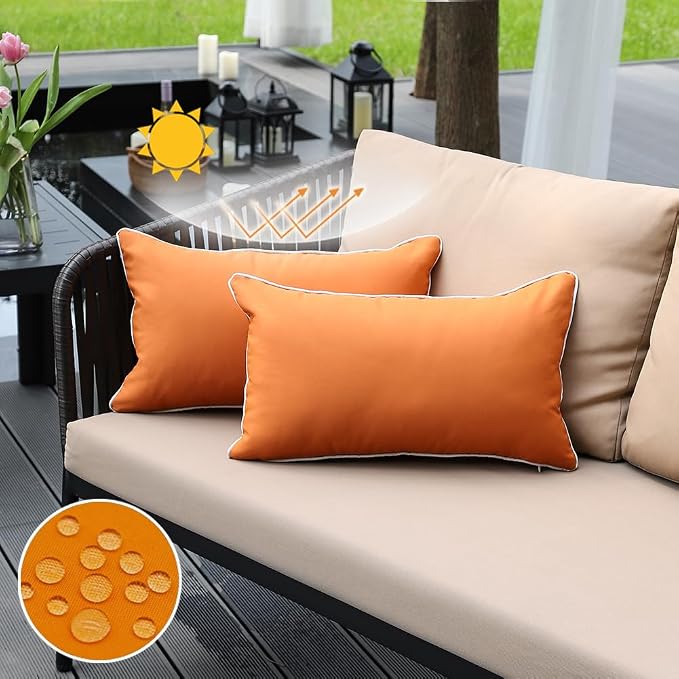 JOJOGOGO Burnt Orange Outdoor Lumbar Pillow Covers 12x20 Waterproof Set of 2, Orange Fall Outdoor Sunproof Pillows Porch Decor Pillows 12 x 20 for Patio Furniture and Couch (with White Piping)