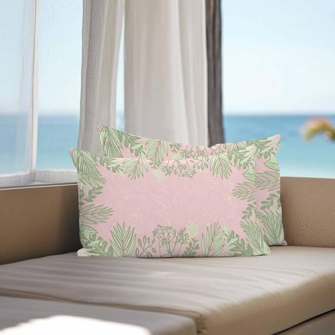 Vandarllin Outdoor Throw Pillows Covers 20x12 inch Set of 2 Waterproof Sage Green Leaves Decorative Zippered Cushion Covers for Patio Furniture, Spring Floral Plants Pink Lumbar Pillowcases