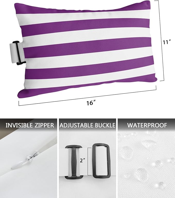 T&H XHome Outdoor Pillow for Chaise Lounge Chair, Purple White Stripe Waterproof Headrest Pillow Lumbar Pillows with Adjustable Elastic Strap for Beach, Poolside, Patio, Office (1 Pack)