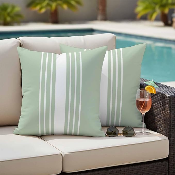 Sage Green White Stripe Outdoor Pillow Covers 26x26 Inch Throw Pillow Covers Set of 2 Waterproof Decorative Pillow Cases Modern Rustic Vertical Striped Cushion Covers for Patio Furniture Garden Couch