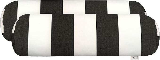 RSH Décor Sunbrella Neck Roll Pillows – Set of 2 | 24” x 8” | Outdoor Bolster for Patio, Deck, Porch, or Poolside | Fade & Water-Resistant | Cabana Classic Black and White Stripe - Made in USA