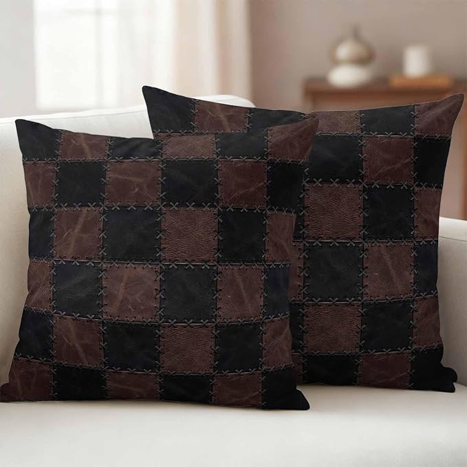 Black Brown Checkered Outdoor Pillow Covers 16x16 Inch Throw Pillow Covers Set of 2 Waterproof Decorative Pillow Cases Modern Farmhouse Plaid Wooden Cushion Covers for Patio Furniture Garden Couch