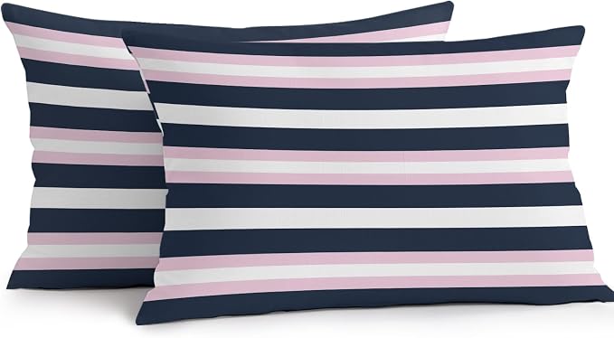 Pink Navy Blue Striped Outdoor Pillow Covers Waterproof, All Weather Cushion Case Set of 2, Minimalist Abstract Lines Artwork Lumbar Pillowcase for Sofa Couch Bed Decor Patio Furniture 20"x12"