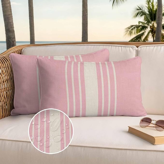 Lumbar Pillow Covers 20x12 Inch Set of 2, Pink Beige Striped Waterproof Outdoor Cushion Covers, Modern Farmhouse Retro Lines Decorative Pillowcases for Couch, Sofa, Bed, Garden, Patio