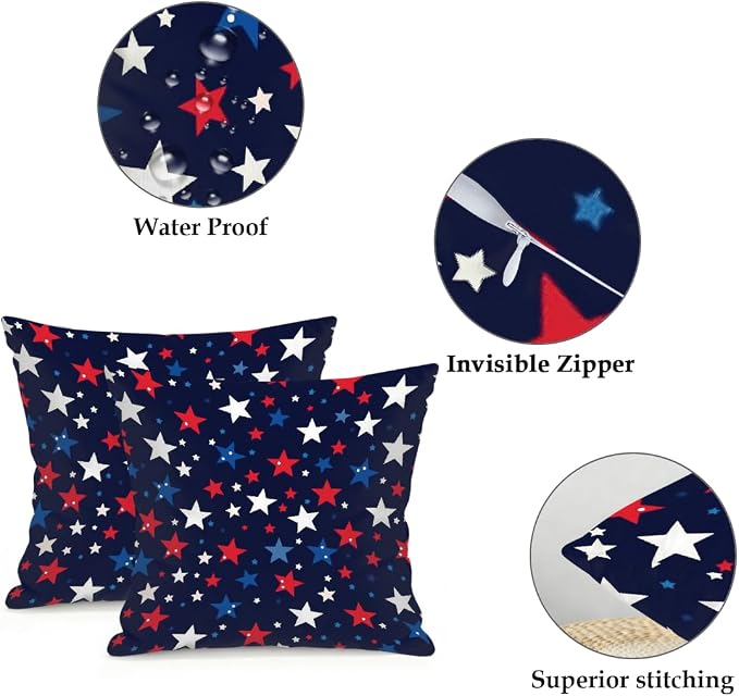 16x16 Inch Outdoor Pillow Covers Set of 2 Waterproof Throw Pillow Covers Decorative Couch Cushion Covers White Blue Red Stars Square Pillowcases Protectors for Patio Garden Sofa
