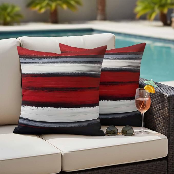 Red and Black Strip Outdoor Pillow Covers 24"x24" Set of 2, Classic Modern Art Waterproof Throw Pillow Covers for Patio Furniture, Decorative Cushion Covers for Porch