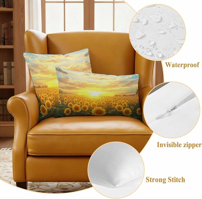 Yellow Sunflowers Waterproof Outdoor Pillow Covers Set of 2 Home Decor, Farmhouse Botanical Floral Sunset Pillowcase Patio Pillow Covers for Couch Bench Furniture Garden 20x20in