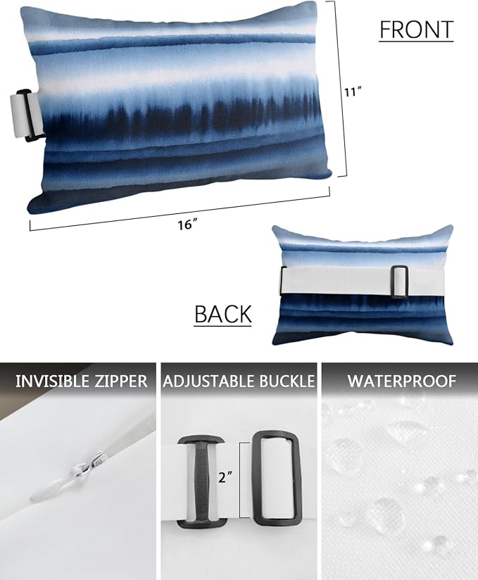 Outdoor Pillows Waterproof Covers Set of 2, Abstract Art Waves Elastic Chaise Lounge Headrest Pillow Covers, Stripes Watercolor Gradient Blue Lumbar Pillow for Beach Patio Furniture 11x16 Inch