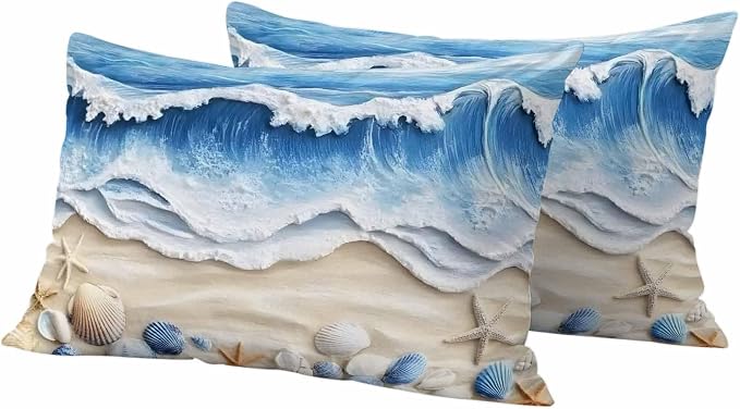 Summer Beach Outdoor Waterproof Throw Pillow Covers Set of 2, 20"x12", Seashell Starfish Nautical Coastal Decorative Pillow Covers Outside Cushion Case for Patio Porch Garden