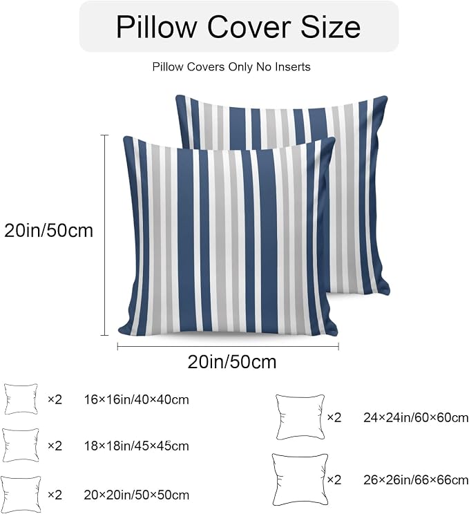 Navy Blue Grey Stripe Outdoor Pillow Covers 26x26 Inch Throw Pillow Covers Set of 2 Waterproof Decorative Pillow Cases Farmhouse Minimalist Striped Cushion Covers for Patio Furniture Garden Couch Sofa