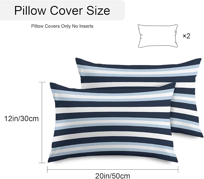 Blue Navy Striped Outdoor Pillow Covers Waterproof, All Weather Cushion Case Set of 2, Modern Ombre Abstract Lines Pattern Lumbar Pillowcase for Sofa Couch Bed Decor Patio Furniture 20"x12"