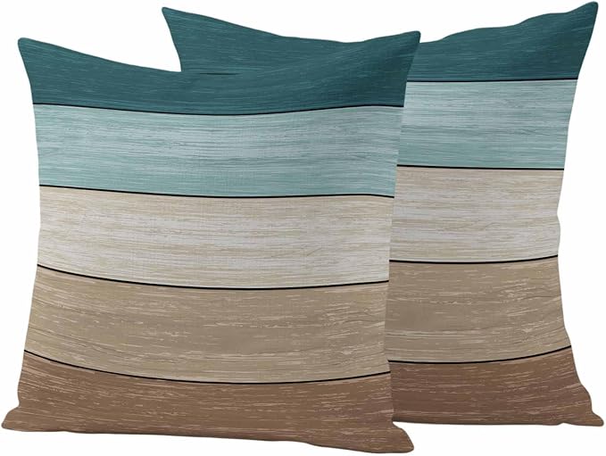 Vandarllin Outdoor Throw Pillow Covers 18X18 Set of 2 Waterproof Teal Blue Brown Decorative Zippered Cushion Covers for Patio Furniture, Farmhouse Retro Rustic Barn Wood Texture Lumbar Pillowcases
