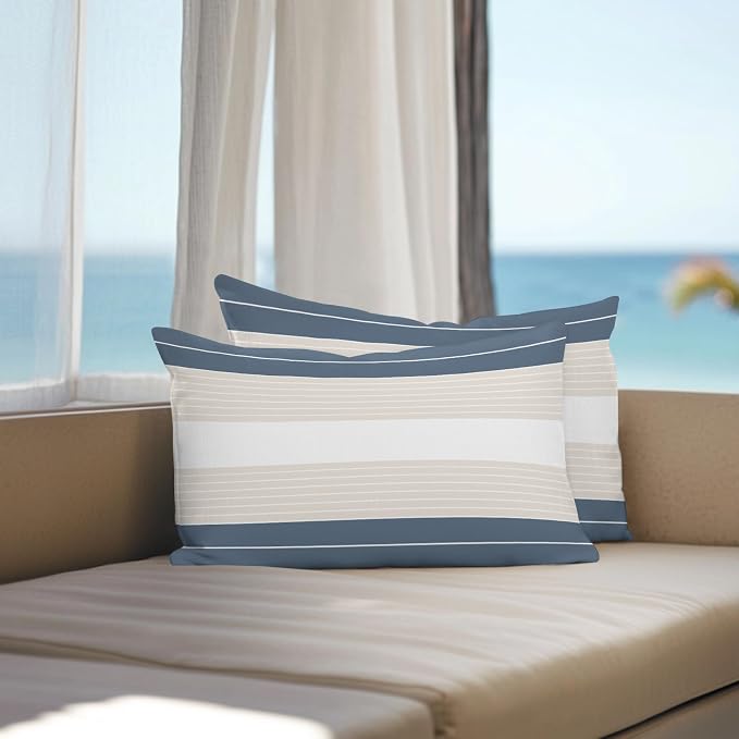 Haze Blue Beige Stripe Outdoor Pillow Covers Waterproof, All Weather Cushion Case Set of 2, Modern Art Horizontal Striped Lumbar Pillowcase for Sofa Couch Bed Decor Patio Furniture 20"x12"