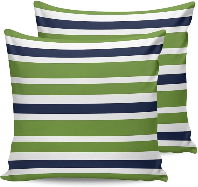 Outdoor Waterproof Throw Pillow Covers Set of 2 Navy Blue Green Stripes Decorative Outdoor Pillows Cushion Case 18x18 Inch Classic Striped Patio Pillows for Couch Sofa Bed Garden Office Home Decor