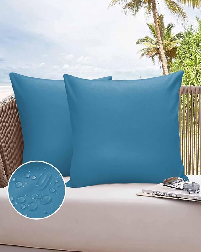 Outdoor Waterproof Throw Pillow Covers Set of 2 Wave Ride Blue Pillowcases 18x18 Inches Solid Color Patio Decorative Pillows Cushion Case Patio Pillows for Couch Bed Chair Garden