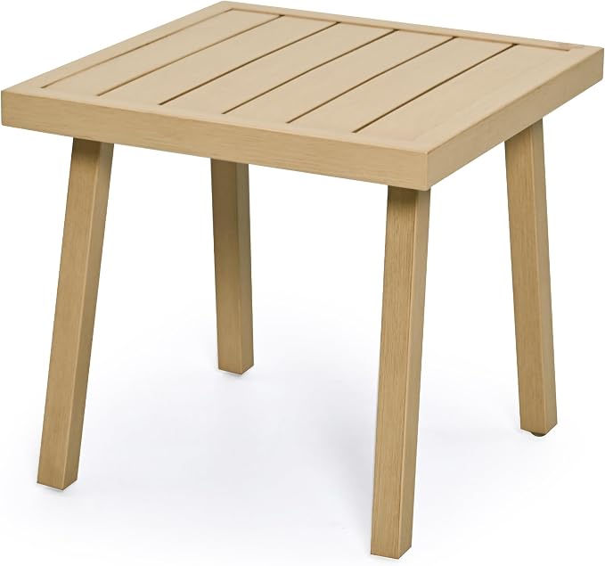 HAPPATIO Square Outdoor Side Table, Aluminum Modern Accent Side Table, Rustproof & Easy Maintenance for Deck, Lawn, Outside (Beige)