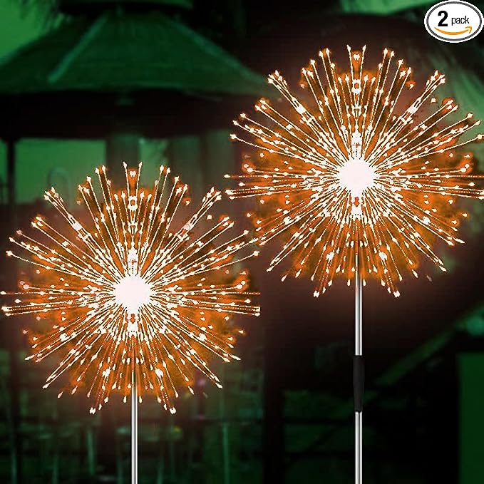 Solar Firework Lights, 2 Pack 120 LEDs 2 Lighting Modes Solar Garden Lights Outdoor Waterproof for Yard Patio Walkway Pathway Party Wedding Christmas Decorative - Orange