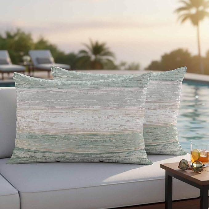 Outdoor Waterproof Throw Pillow Covers, Vintage Sage Green Grey Decorative Pillow Cases, Farmhouse Barn Wooden Striped Couch Pillow Protector Patio Sofa Cushion Covers Replacement 20"x12" 2 Pack