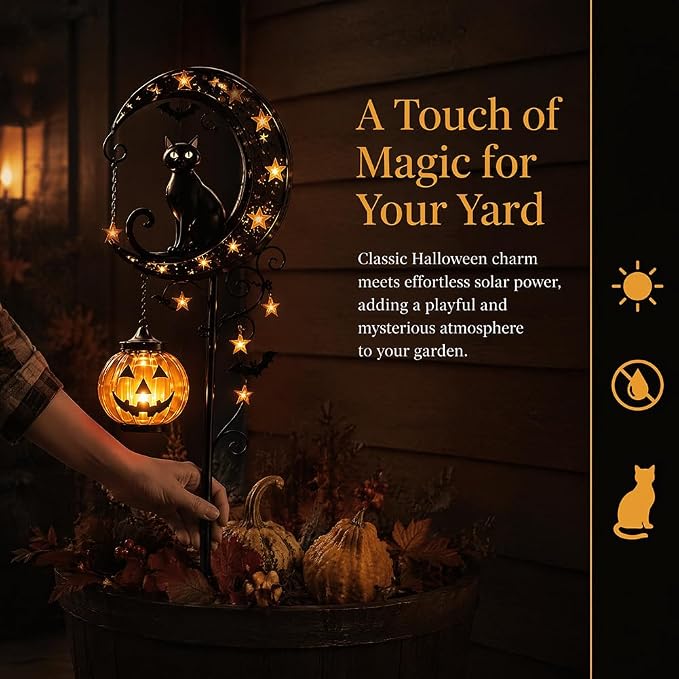 Solar Halloween Black Cat & Pumpkin Moon Garden Stake Light, Outdoor Waterproof LED Yard Decoration with Crescent Moon, Hanging Jack-o'-Lantern Lantern for Garden, Patio, Walkway, Porch (Style B C)