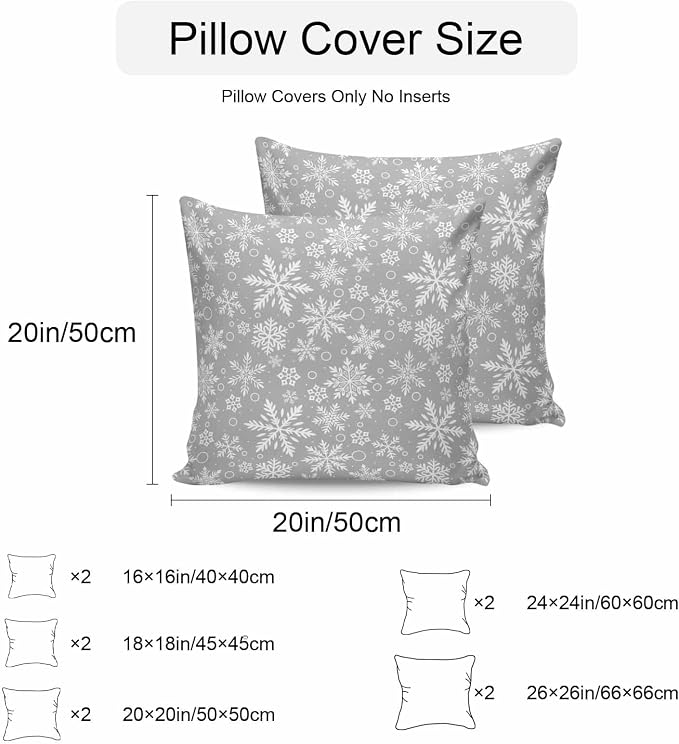 Outdoor Waterproof Throw Pillow Covers, Merry Christmas and Happy New Year Winter Snowfalke Geometric Pattern Gray Pillowcases Cushion Covers Cases for Patio Couch Bench, Pack of 2 Square, 20X20 Inch