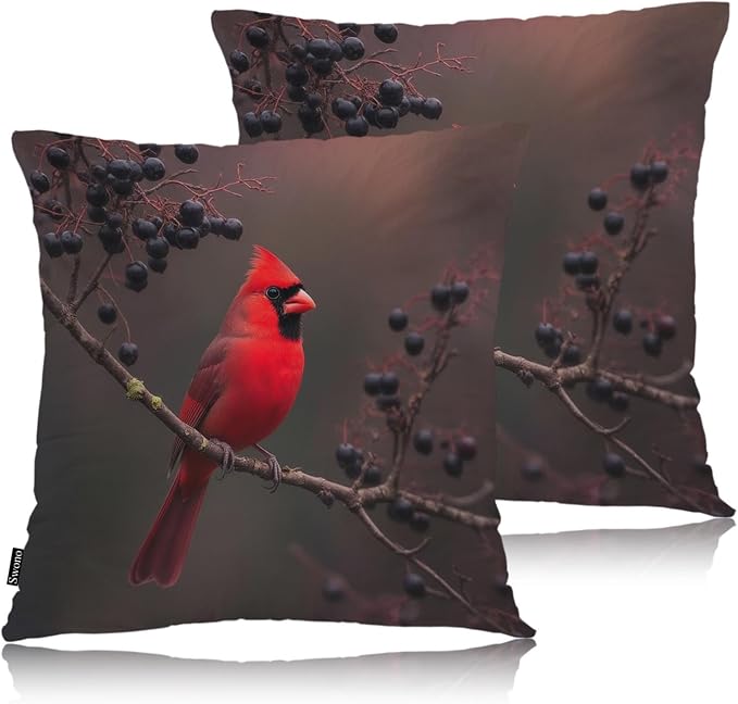Swono 18"X18" Throw Pillow Covers Red Cardinal, Winter Cardinal Bird Berry Tree Boho Pillowcase Cushion Covers for Couch Bed, Square Decorative Pillow Cover Home Sofa Bedroom Car, 2 Pcs