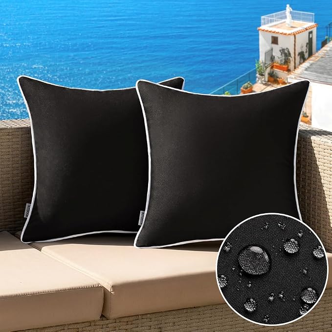 MIULEE Outdoor Waterproof Pillow Covers 18x18 Black Pack of 2 | Decorative Farmhouse Throw Pillow Covers with Piping,Square Solid Color,Patio Furniture,Summer Couch Tent Sofa Living Room