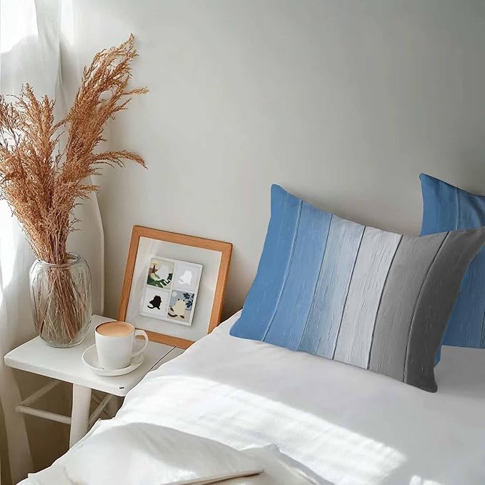 Lumbar Pillow Covers 20x12 Inch Set of 2, Blue Gray Ombre Waterproof Outdoor Cushion Covers, Vintage Country Wooden Decorative Pillowcases for Couch, Sofa, Bed, Garden, Patio
