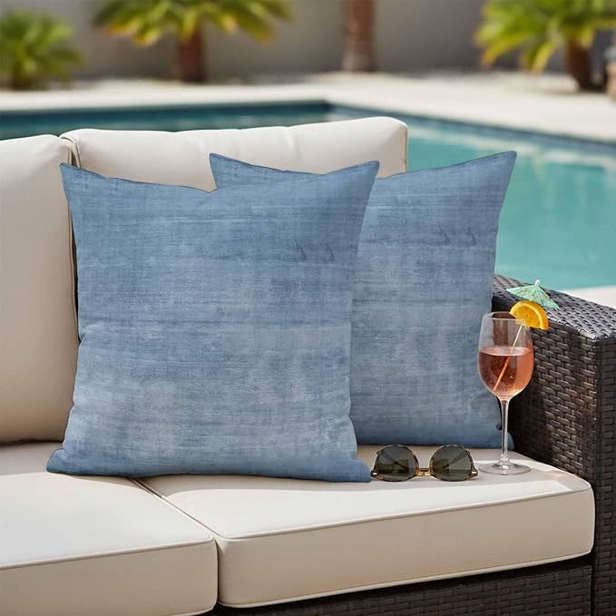 Vandarllin Outdoor Throw Pillows Covers 20x20 inch Set of 2 Waterproof Blue Linen Decorative Zippered Cushion Covers for Patio Furniture, Solid Color Texture Lumbar Pillowcases