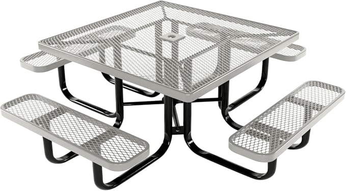 COATEDOUTDOORFURNITURE Heavy-Duty Portable Outdoor Kids Table with Umbrella Hole, Expanded Metal Kids Picnic Table, Commercial-Grade, Made in America (46 in, Square, Childrens, Gray)