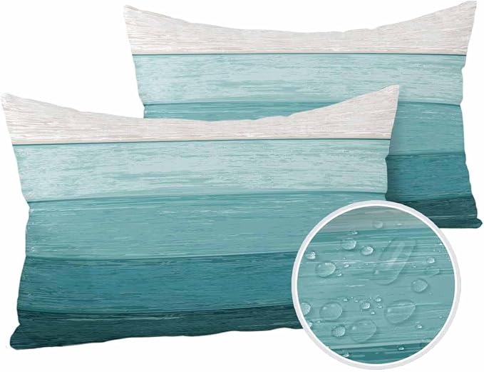 Outdoor Waterproof Throw Pillows Farmhouse Turquoise Wood Grain Patio Pillows Pack of 2,Decorative Pillow Covers with Insert,Pillow Cushion Case for Garden Couch Sofa Farm Rustic Gradient Stripes