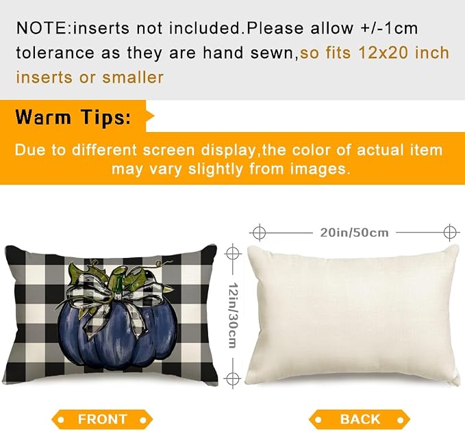 RABUSOFA Outdoor Fall Pillow Covers Waterproof 12x20 Blue Pumpkin Decor | Autumn Harvest Thanksgiving,Buffalo Plaid,Not Insert,Machine Washable,Fall Decorations for Home Sofa Patio Farmhouse